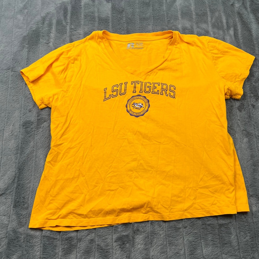 Russell Athletic LSU Tigers Yellow V-Neck Graphic T-Shirt Girls XL 16-18